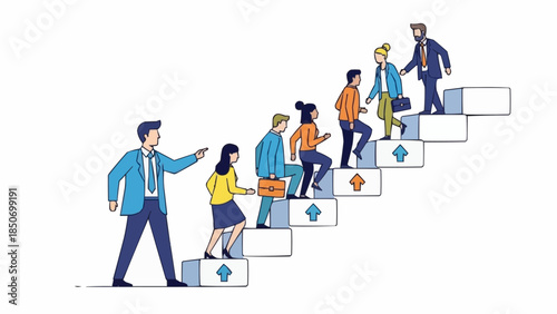 Team climbing stairs together towards success and growth.