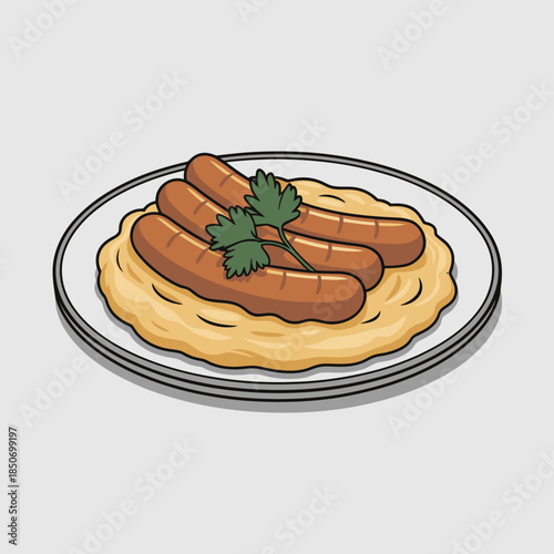 A mouthwatering dish featuring perfectly cooked sausages served atop a delicious bed of creamy mashed potatoes, garnished with fresh herbs for a delightful culinary experience.