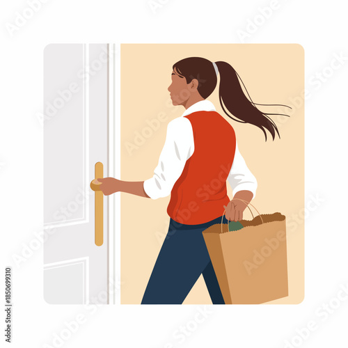 A woman with a ponytail dressed in a red vest holds a grocery bag while entering a home, symbolizing convenience and everyday life activities related to shopping.