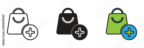 Shopping bag vector icon with a plus symbol for e-commerce, online store, add to cart, and retail purchase business concepts.