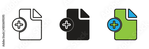 Document icon with a plus sign representing adding a new file, creating a document, uploading data, and expanding information records.