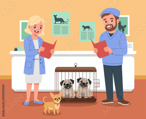 A joyful scene depicting two adorable puppies in a cage at a shelter, with two enthusiastic people reading pet care guides, showcasing their eagerness to adopt a pet.