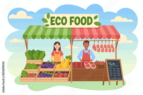 This illustration captures a lively eco food market, featuring friendly vendors standing amidst an abundance of fresh, organic produce, promoting healthy eating and sustainability.