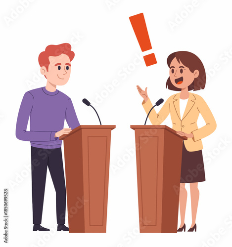 A colorful illustration depicting two speakers passionately debating at podiums, emphasizing the importance of dialogue and active participation in civic engagement and democratic processes.