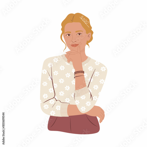 A thoughtful young woman wearing a floral-patterned sweater poses thoughtfully, showcasing a blend of casual style and contemplation with a touch of elegance and warmth.
