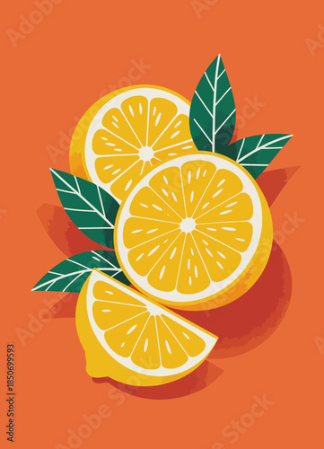 An eye-catching graphic featuring fresh lemon slices with vibrant colors against a bright orange background, perfect for a summery, cheerful vibe.