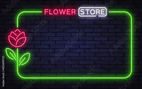 Elegant neon vector frame with flower store lettering and floral icon. Designed for boutique signage, seasonal sales, and decorative layouts.
