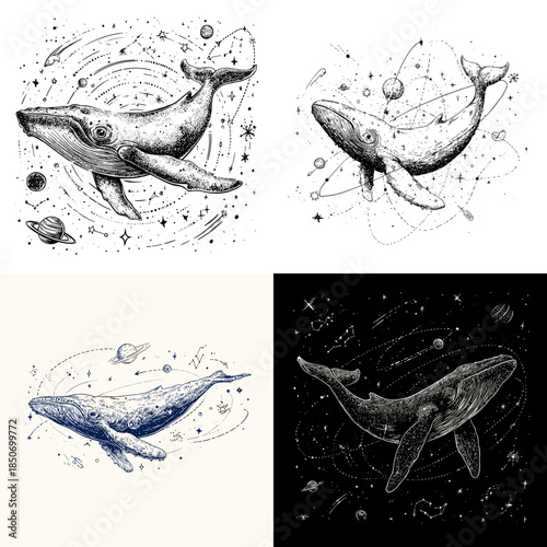 Hand drawn whale illustration set with ink sketch and watercolor splash style ideal for ocean themed posters marine education prints and artistic nautical designs
