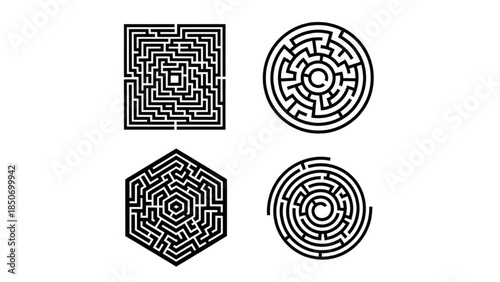 Black Maze Silhouette Vector Set Showing Square Circular Hexagonal Spiral Designs