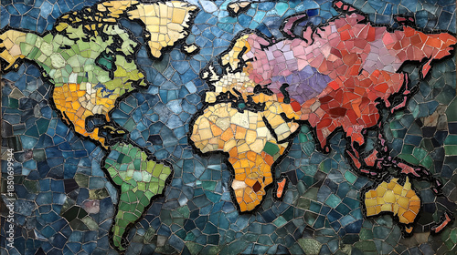 Vibrant mosaic world map with colorful tiles on blue background