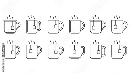 Collection of twelve steaming hot beverage mugs with tea bags in clean line art style