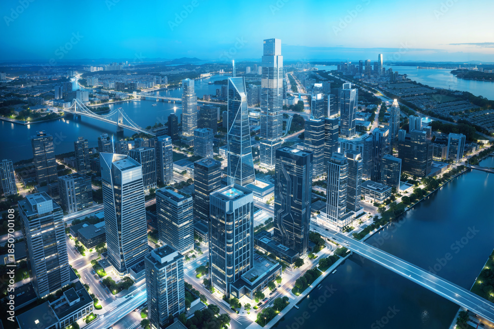 Fototapeta premium Futuristic Smart City Skyline at Dusk with High-Tech Skyscrapers and River.