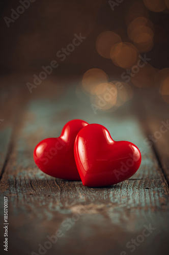 ぬくもりのある木目と赤いハート二つが印象的なバレンタイン縦背景. 生成AI