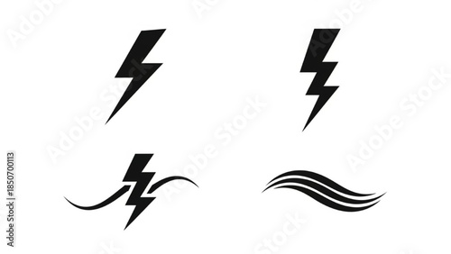 Black Lightning Emblem Silhouette Vector Set Showing Zigzag Double Curved Wave Styles