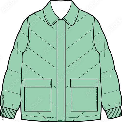 Green puffer jacket sketch, quilted outerwear fashion drawing, garment design template, clothing outline, front view, flat vector illustration