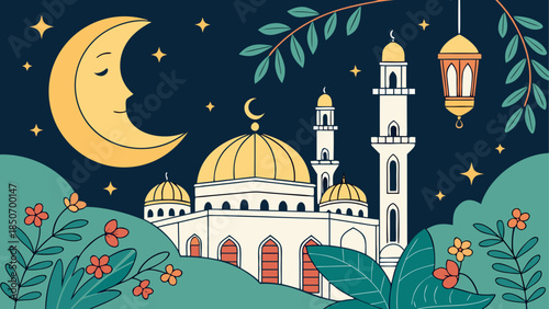 Nighttime mosque with crescent moon