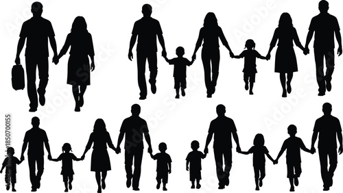 Happy family silhouettes walking together, parents holding children hands, family love and unity, parenting care concept, relationship bonding, flat vector illustration