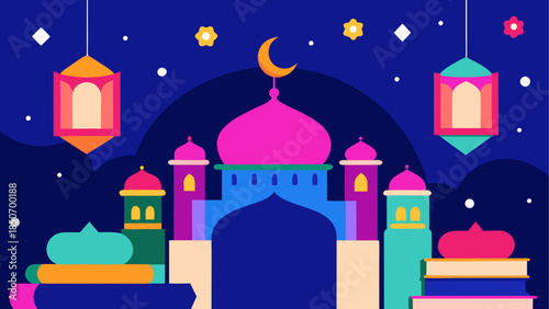 Illuminated mosque under night sky