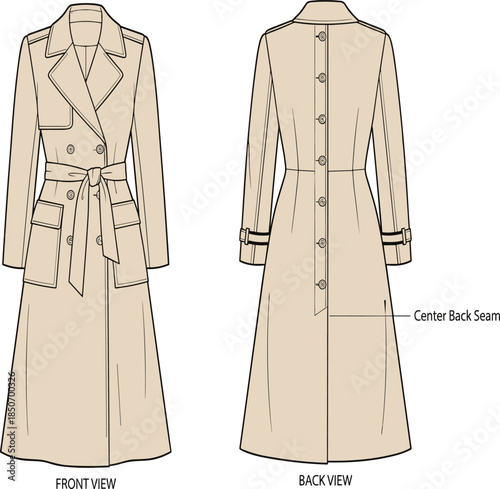 Trench coat technical sketch, fashion flat drawing, vector garment template, front back view, apparel design, clothing illustration, button detail