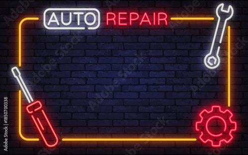 Bold neon vector frame with auto repair text, tools, and mechanical symbols. Perfect for workshop posters, vehicle diagnostics, and professional service visuals.