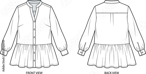 Women’s blouse technical sketch, fashion flat drawing, vector garment template, front back view, peplum detail, button placket, band collar