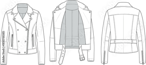 Women's biker jacket technical sketch, front back inside view, notched lapel zip, fashion flat, garment construction, apparel design, pattern making, flat vector illustration