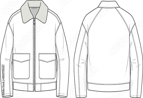 Zip-up jacket fashion sketch, front back view layout, flap pocket garment template, raglan sleeve design, flat vector illustration