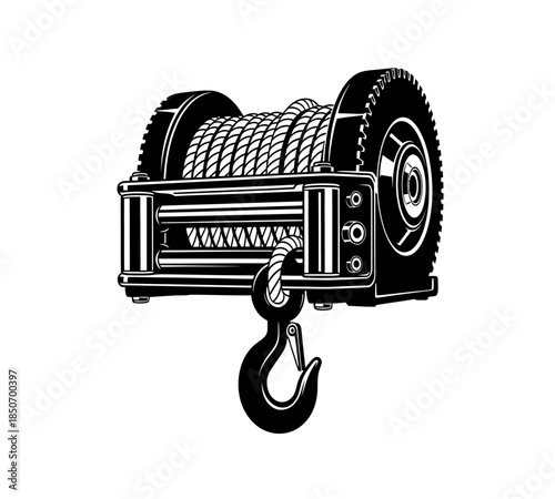A detailed black and white illustration depicting a winch with a robust hook and spool design