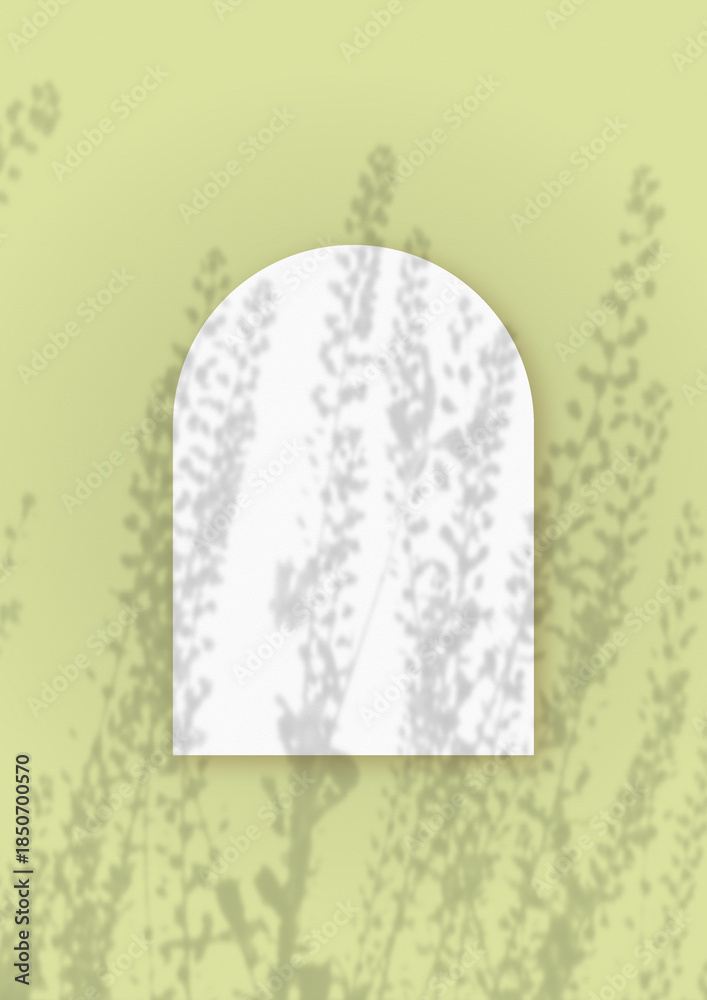 custom made wallpaper toronto digitalNatural light casts shadows from wild grass on an arch-shaped sheet of white paper lying on a vertical green background. Mockup