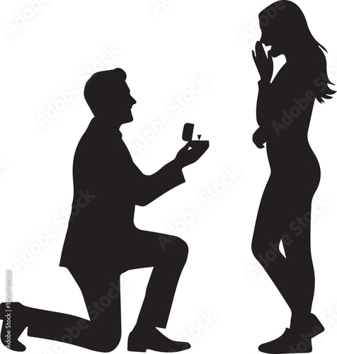Man proposing marriage on one knee to woman silhouette