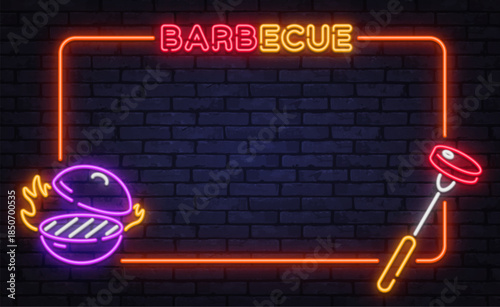 Warm neon vector frame with barbecue sign, grill burger, and skewer icon. Perfect for cookout posters, food festivals, and street grill branding.