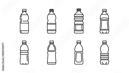 Collection of eight distinct black line art icons of plastic beverage and water bottles