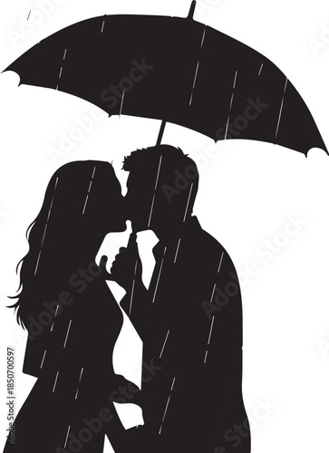 Silhouette of a couple kissing under an umbrella in the rain