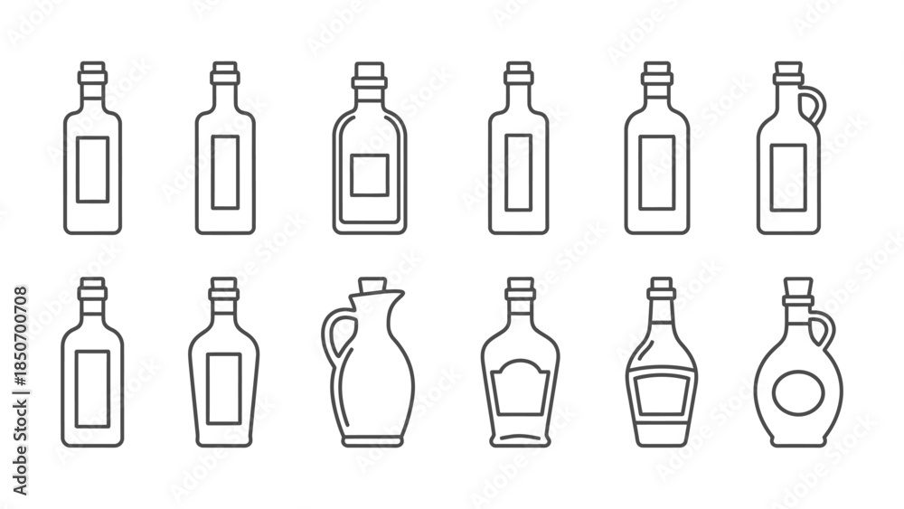 Fototapeta premium Collection of twelve black outline icons representing various liquor bottles and oil cruets