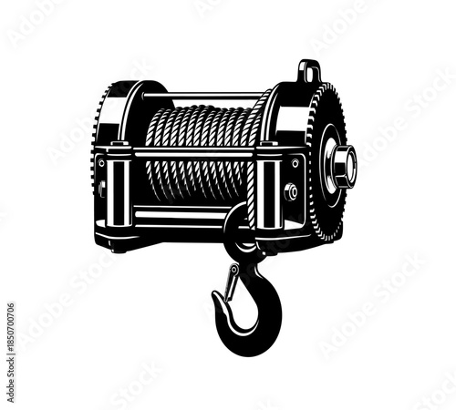 Detailed illustration of a vintage mechanical winch with a robust hook showcasing industrial design and engineering