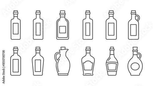 Collection of twelve black outline icons representing various liquor bottles and oil cruets