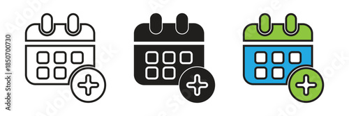Calendar icon set with a plus sign symbol for scheduling events, adding appointments, time management, and date planning business activities.