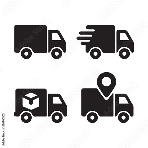 Set of four delivery truck icons representing different aspects of logistics and shipping services