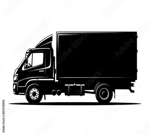 A sleek black silhouette of a delivery truck showcasing its boxy structure and road transportation capabilities