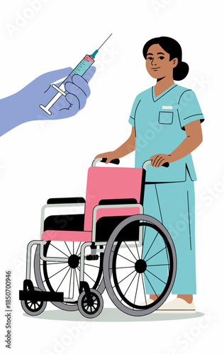 This image portrays a dedicated healthcare worker holding a syringe near a wheelchair, emphasizing the importance of medical care and compassion for patients in need.