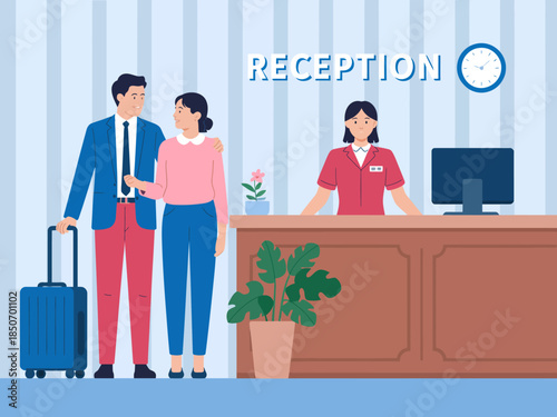 A welcoming hotel reception scene where guests greet a receptionist, embodying hospitality, warmth, and professionalism in a modern hotel environment.