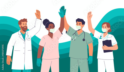 Healthcare professionals in scrubs and masks raise their hands in celebration, symbolizing teamwork and dedication in the fight against challenges in health.
