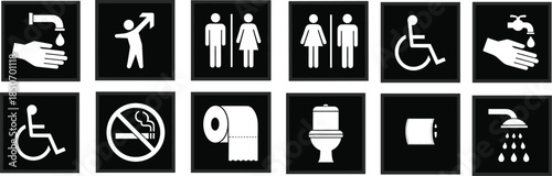 Public restroom and hygiene icons set including toilets sinks showers accessibility symbols gender signs no smoking safety pictograms