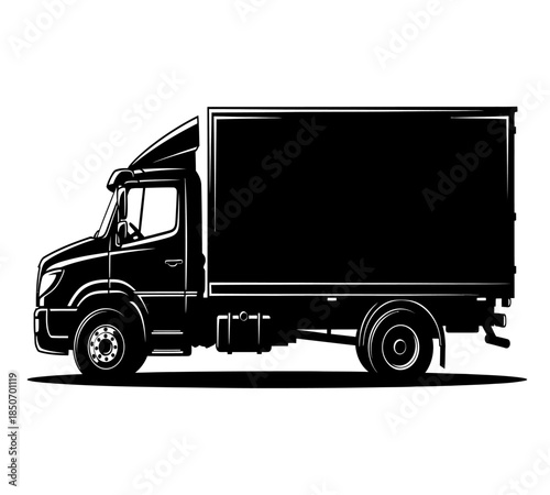 A striking black and white illustration depicts a box truck showcasing its robust design and transportation capabilities