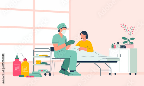 A medical professional in scrubs, wearing a mask and gloves, is caring for a young patient in a clinical setting, highlighting health, compassion, and the importance of care.