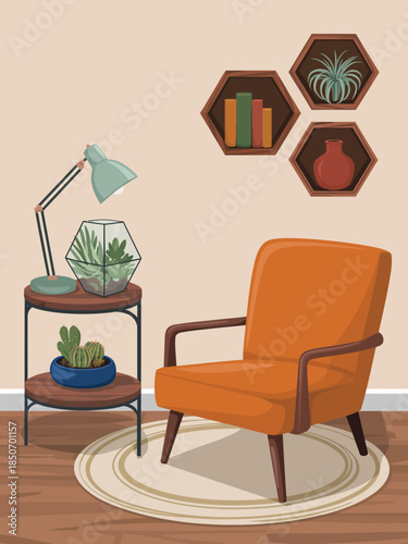 A cozy living room featuring a vibrant orange chair, stylish lamp, and a range of indoor plants, complemented by unique wall-mounted shelves for a homey feel.