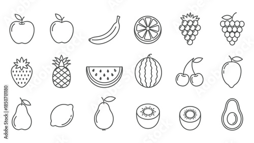 Collection of eighteen simple black and white outline icons representing fresh fruits