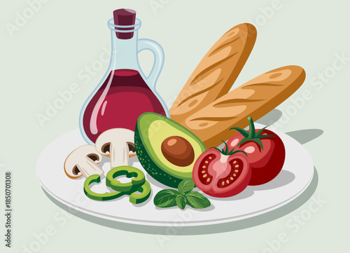 Showcasing fresh vegetables on a plate, this delightful illustration promotes healthy eating and culinary creativity, perfect for food-related themes and cooking elements.