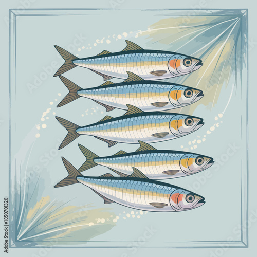 A creative and stylized illustration featuring fresh fish arranged nicely, highlighting the culinary aspect, freshness, and visual appeal of seafood in a contemporary artistic style.
