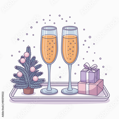 An inviting festive illustration featuring champagne glasses, colorful gifts, and a small tree, perfect for celebrating holiday cheer and creating joyful memories.